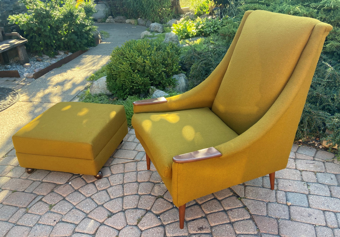 REFINISHED REUPHOLSTERED Mid Century Modern armchair & ottoman