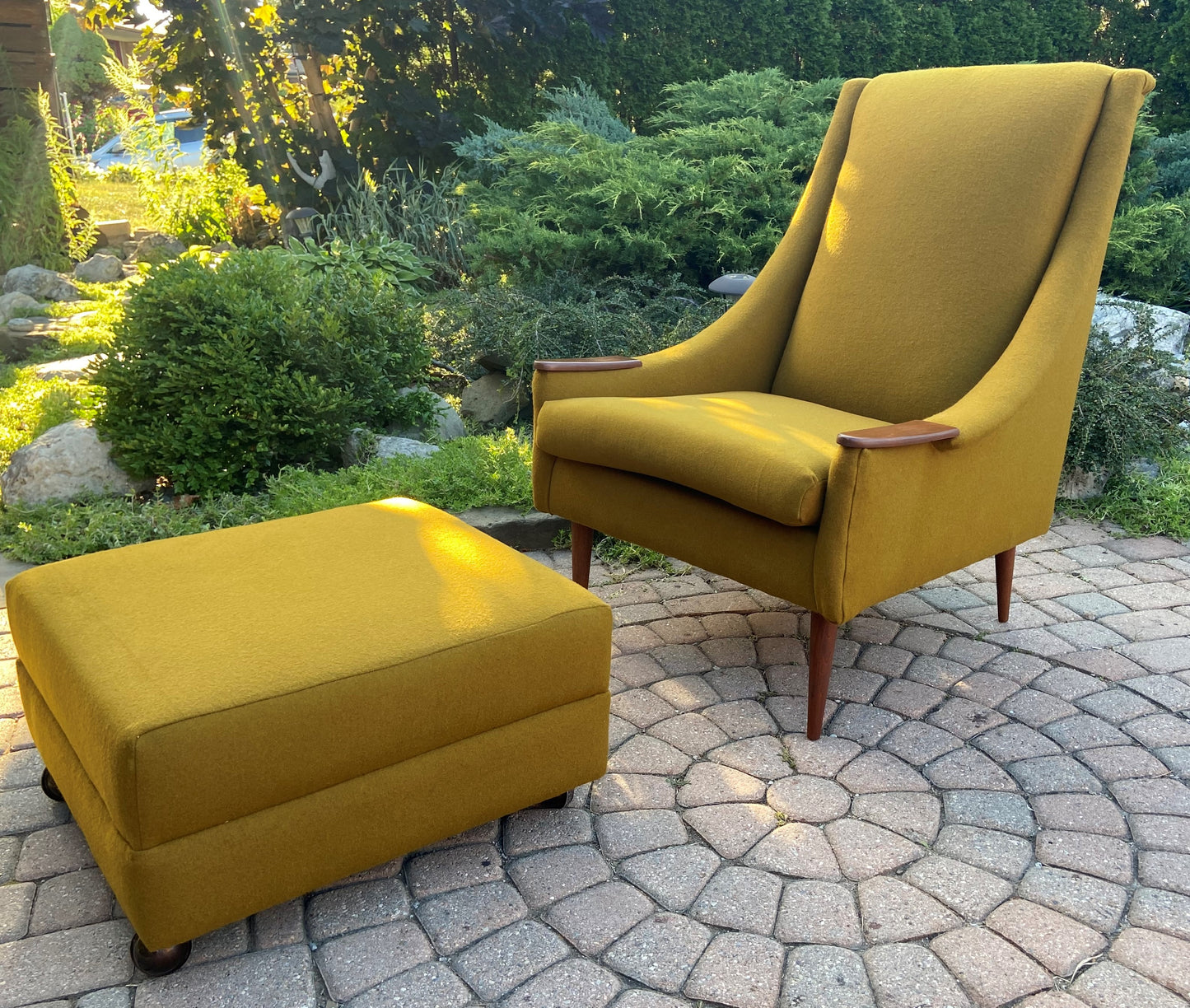 REFINISHED REUPHOLSTERED Mid Century Modern armchair & ottoman