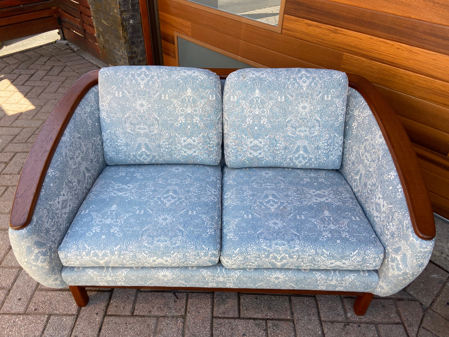 REFINISHED Mid Century Modern Huber Barrel Back Teak Loveseat