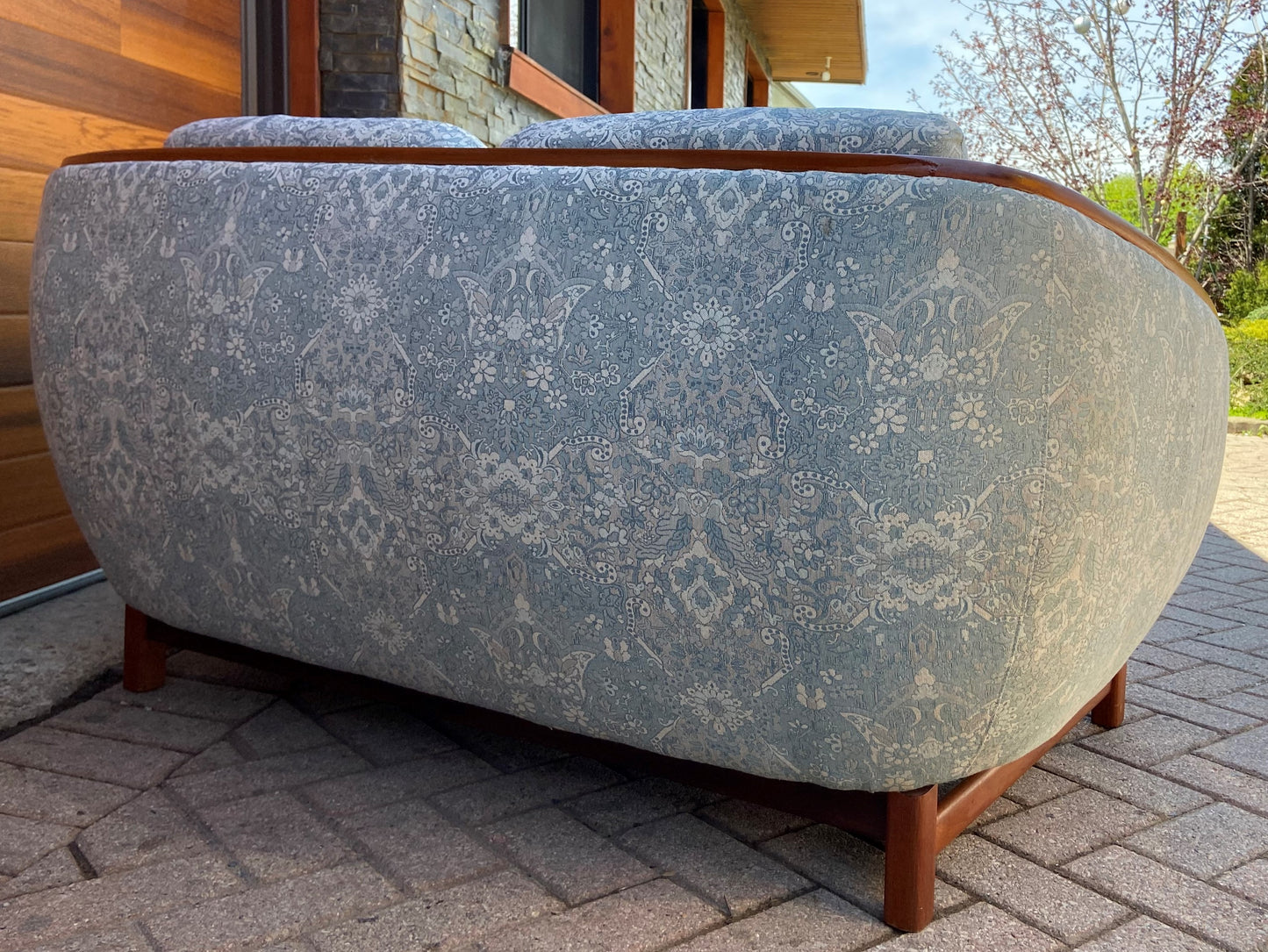 REFINISHED Mid Century Modern Huber Barrel Back Teak Loveseat