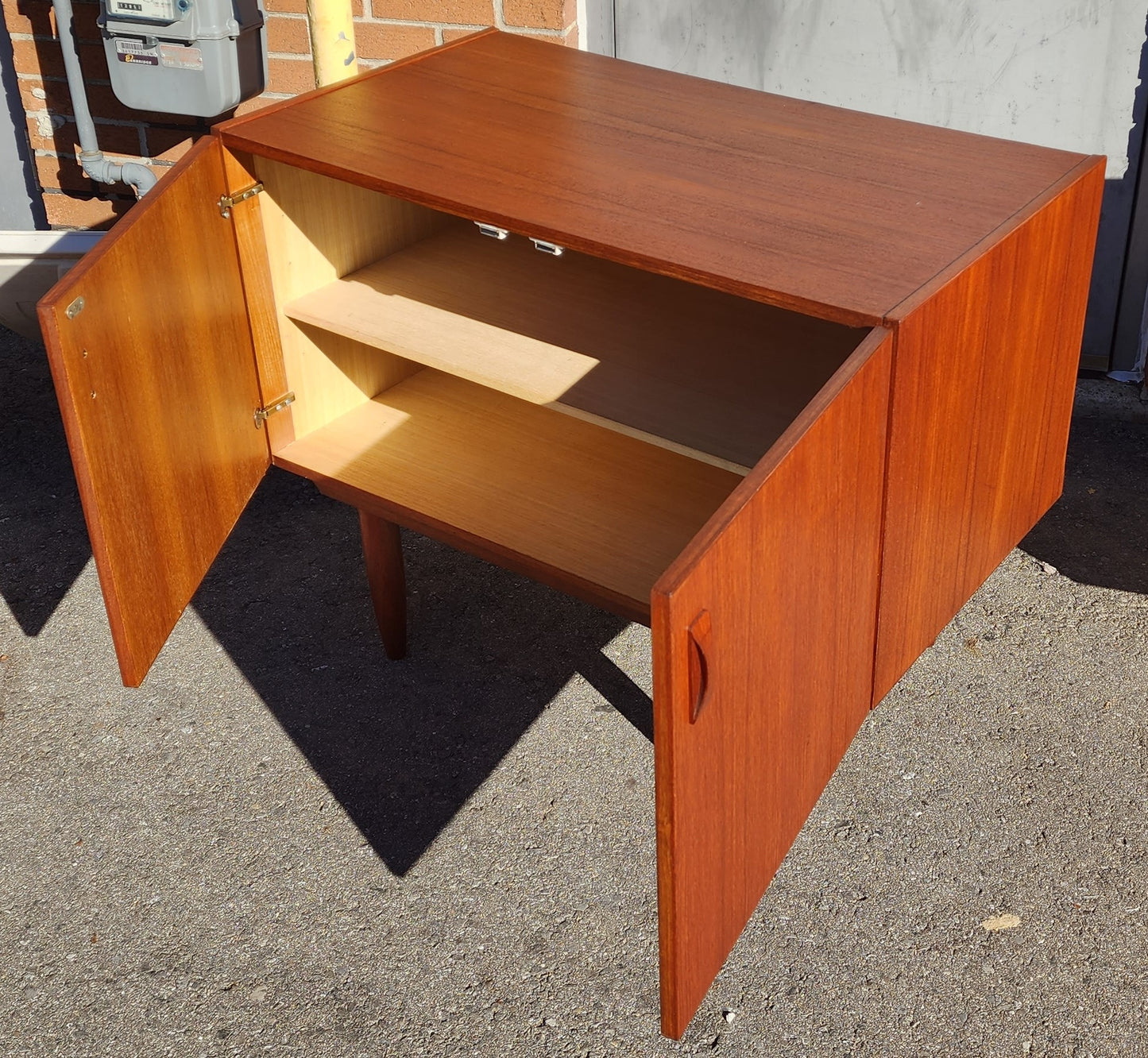 REFINISHED Danish Mid Century Modern Teak Cabinet w 2 Doors, Deep & Small 35.5"