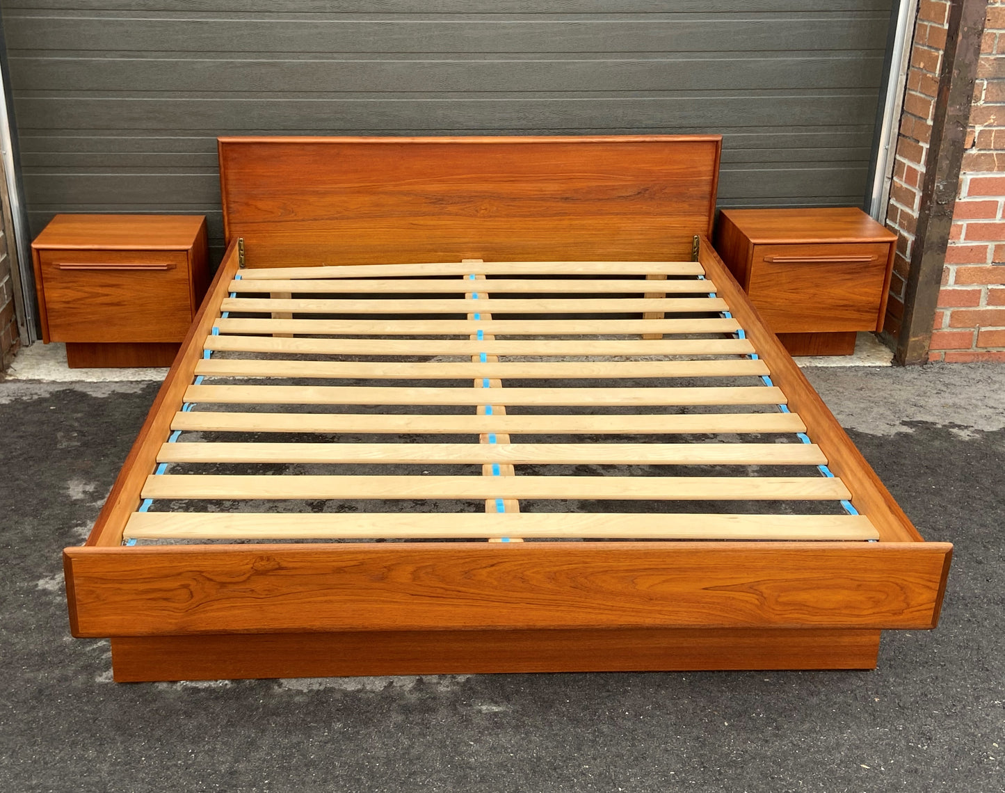 REFINISHED MCM Teak Bed Queen with two separate night stands, PERFECT
