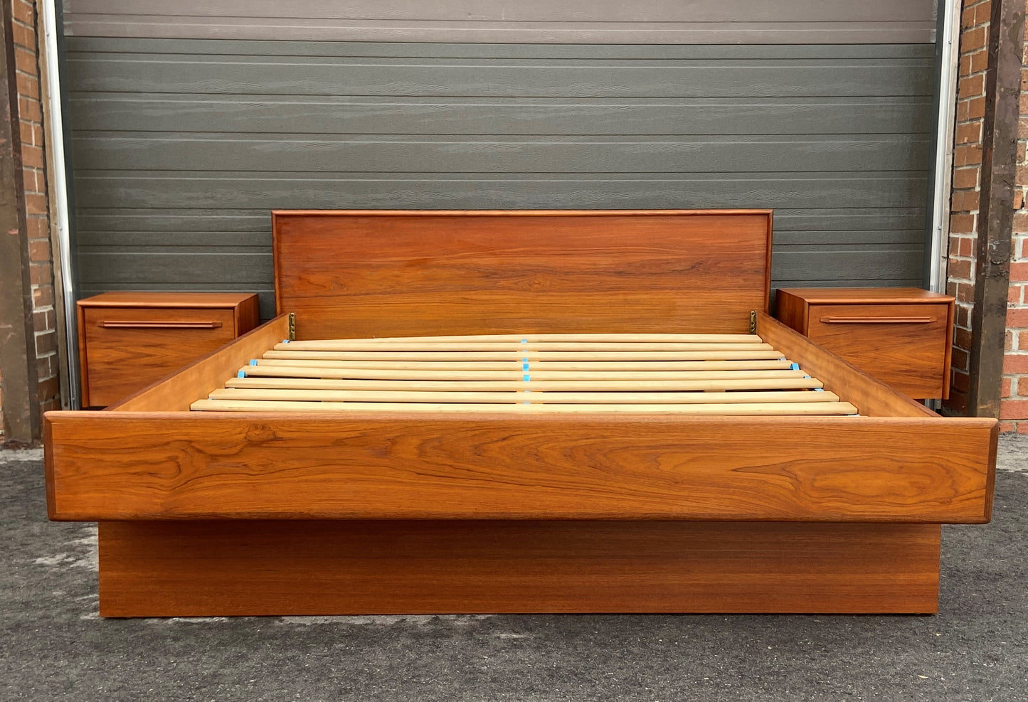 REFINISHED MCM Teak Bed Queen with two separate night stands, PERFECT