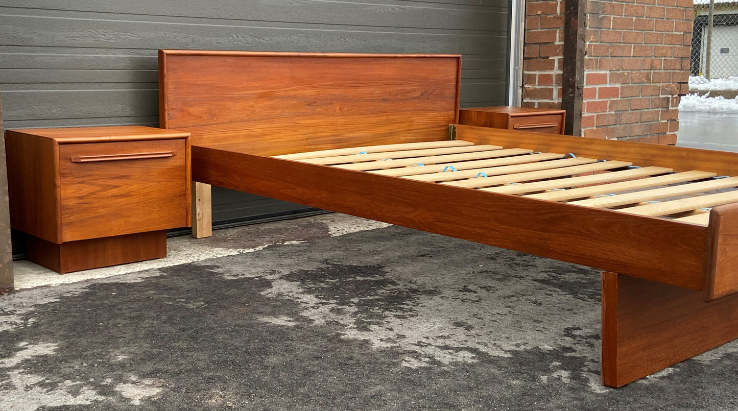 REFINISHED MCM Teak Bed Queen with two separate night stands, PERFECT