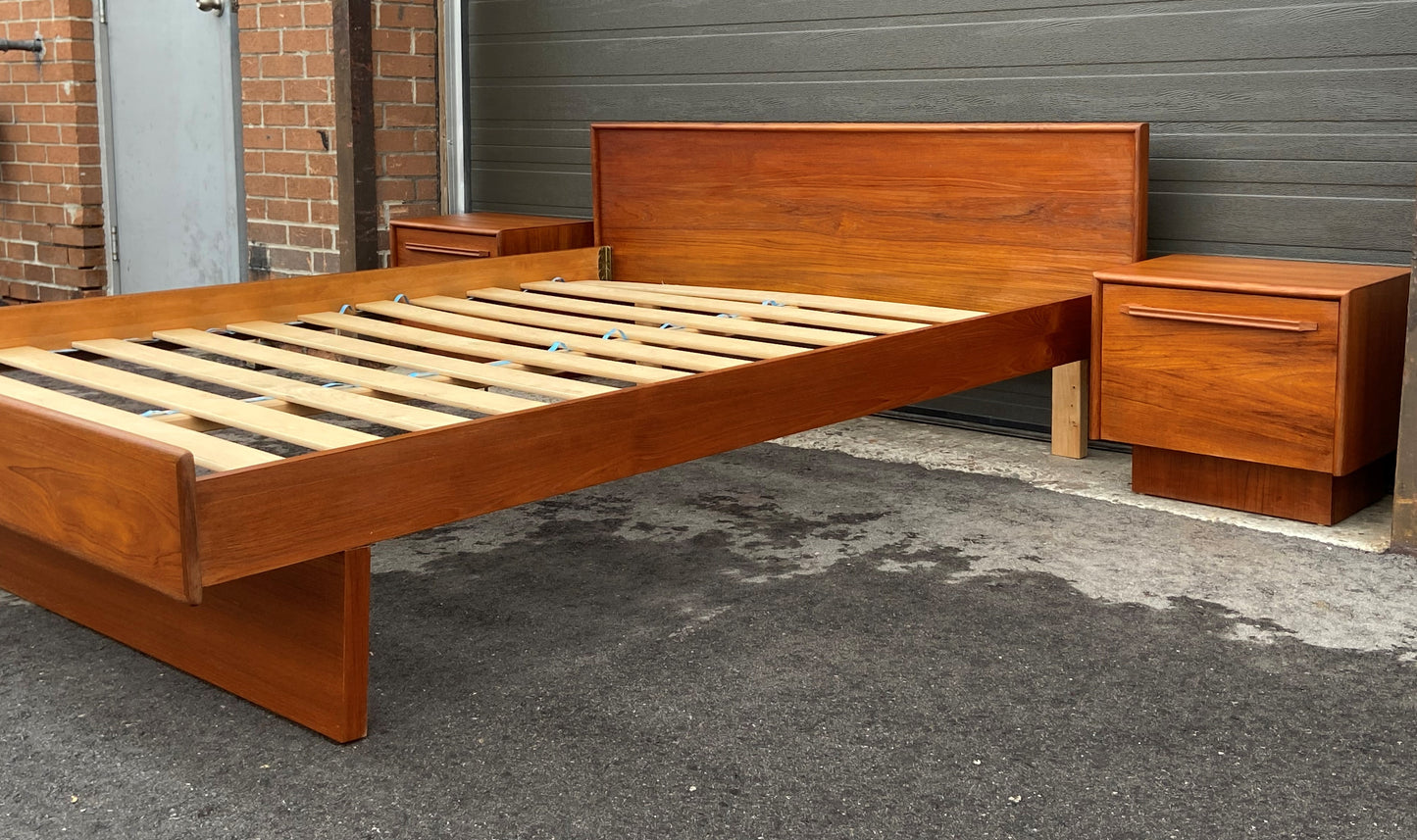 REFINISHED MCM Teak Bed Queen with two separate night stands, PERFECT