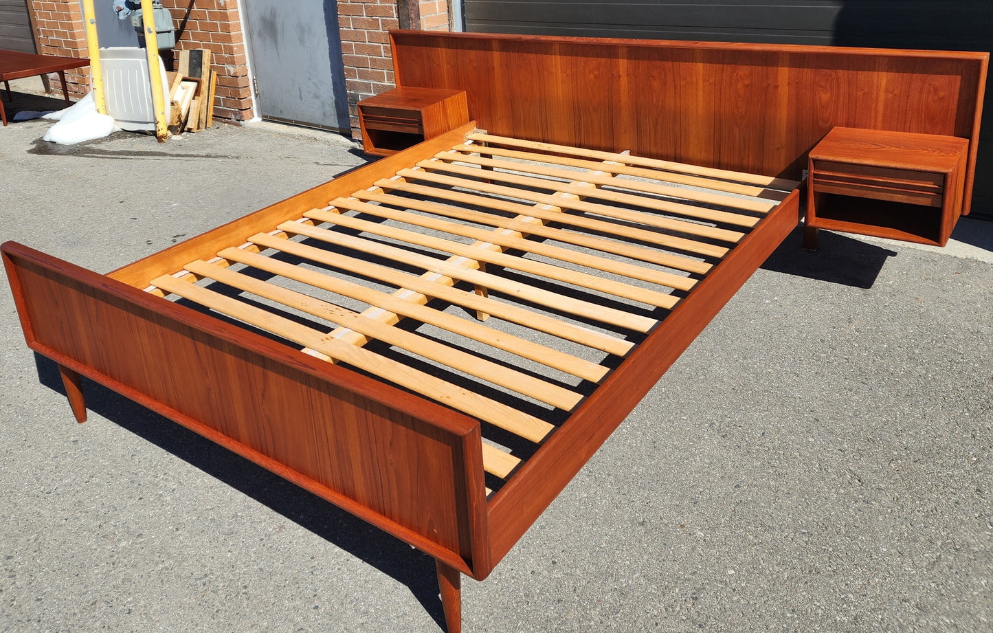 REFINISHED Danish Mid Century Modern Teak Bed w Floating Nightstands Queen
