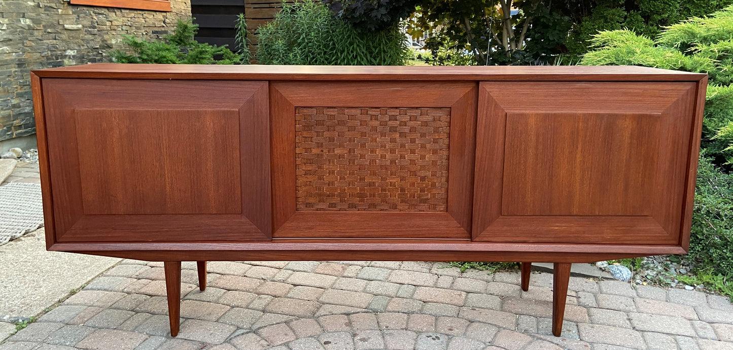 REFINISHED Danish Mid Century Modern Teak Credenza w woven panel 71", PERFECT