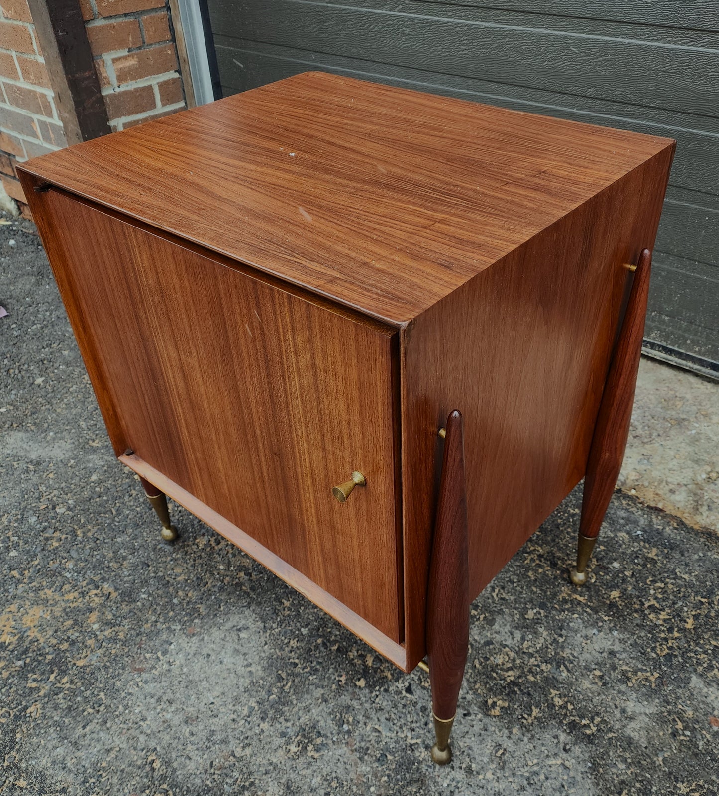 REFINISHED Mid Century Modern walnut accent cabinet w brass hardware, small 20β