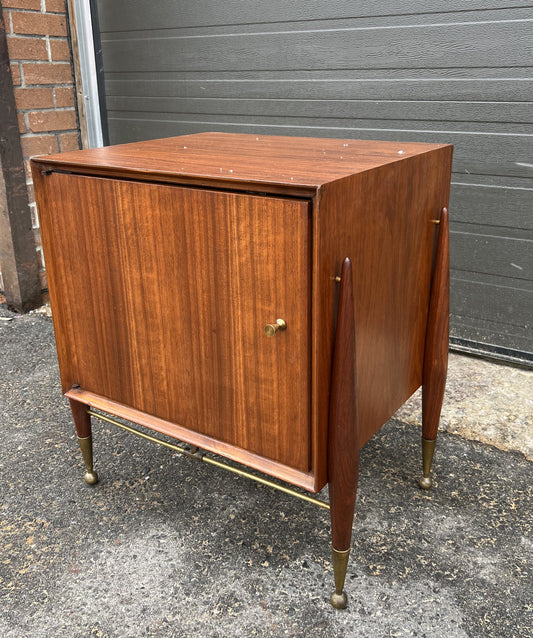 REFINISHED Mid Century Modern walnut accent cabinet w brass hardware, small 20β