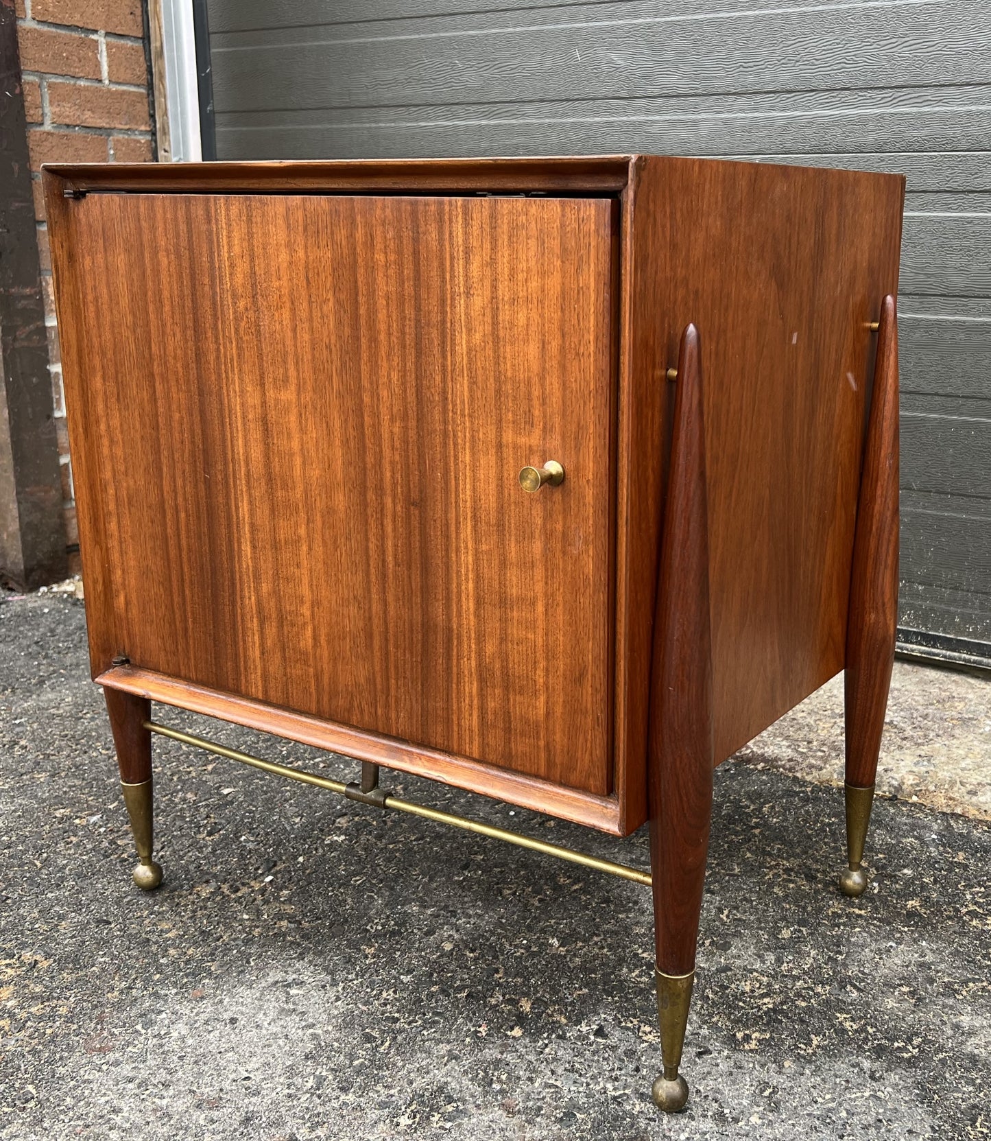REFINISHED Mid Century Modern walnut accent cabinet w brass hardware, small 20β