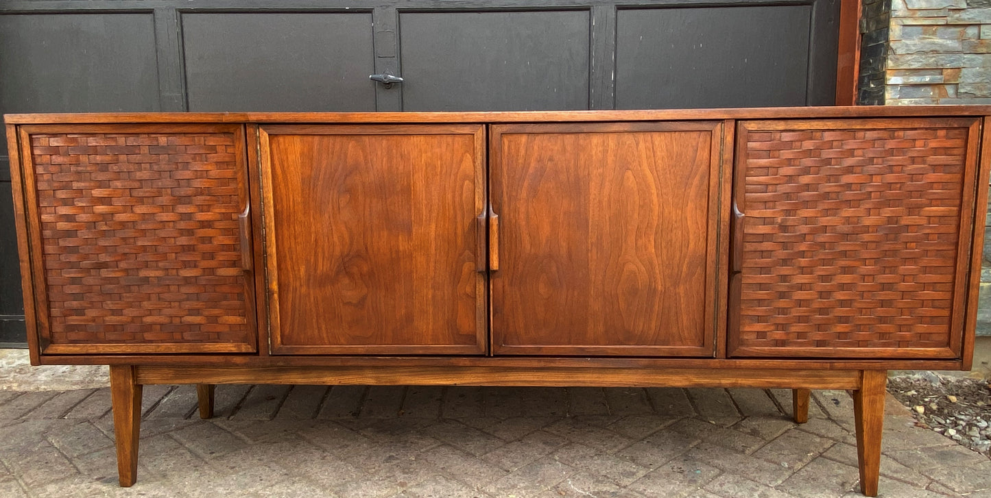 REFINISHED MCM Walnut Credenza Sideboard with woven doors 6ft