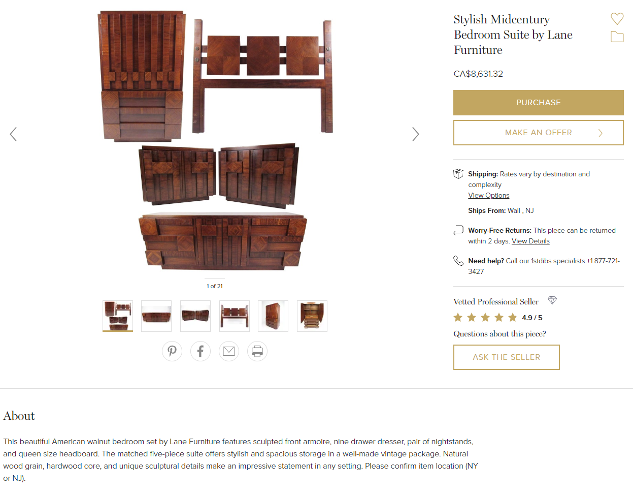 REFINISHED MCM Walnut Bedroom Set Vladimir Kagan style: 9 Drawer Dresser, Tallboy, 2 Nightstands & Headboard - Mid Century Modern Toronto