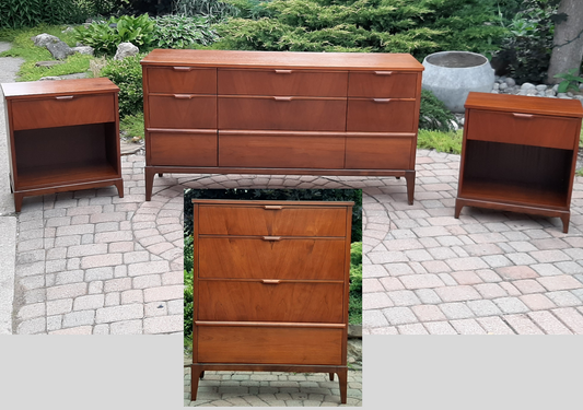 REFINISHED MCM Walnut Bedroom set compact: Dresser 9 drawers, Tallboy, 2 nightstands