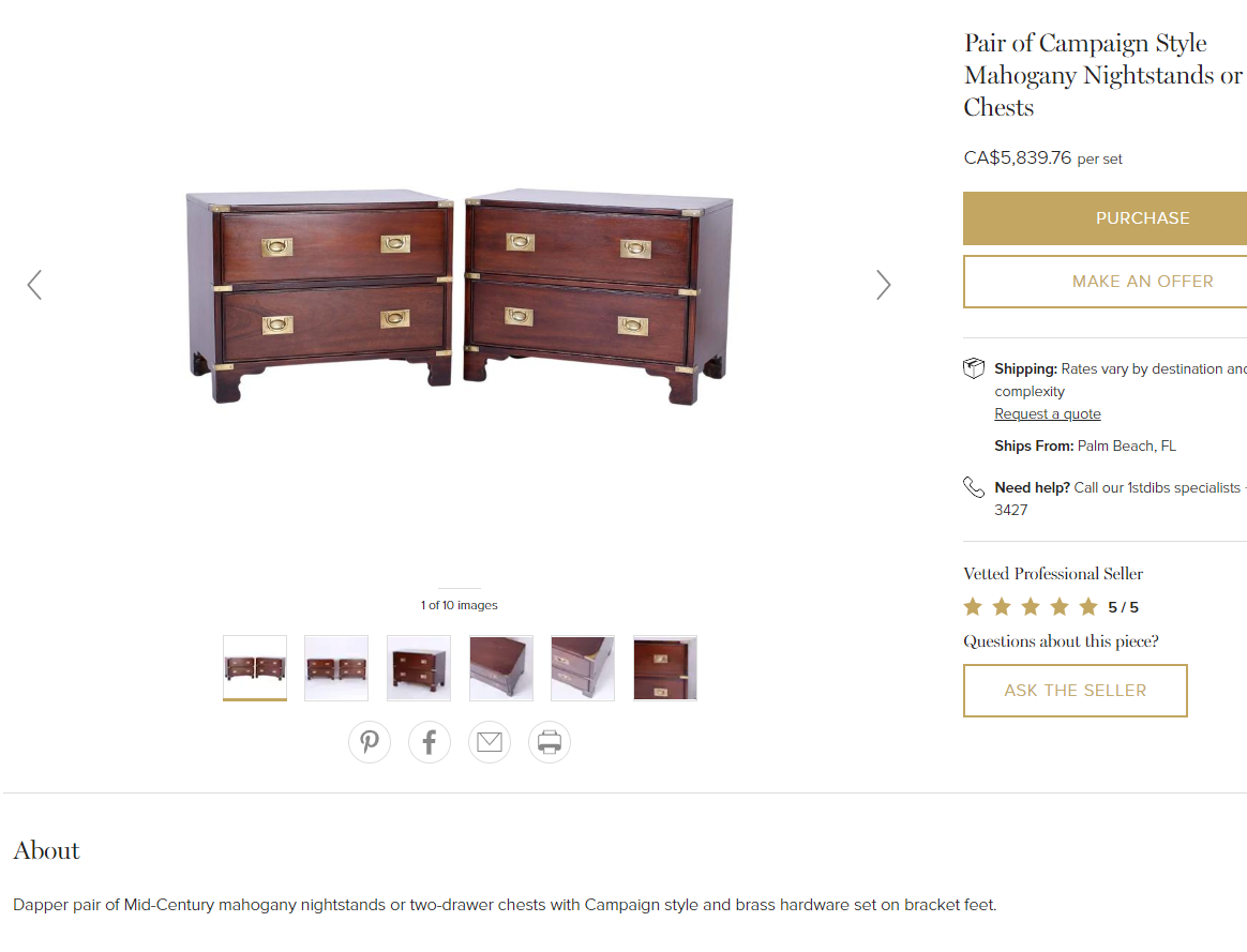 REFINISHED Pair of Mid-Century Solid Mahogany Campaign Nightstands or End /Side Tables with brass hardware - Mid Century Modern Toronto