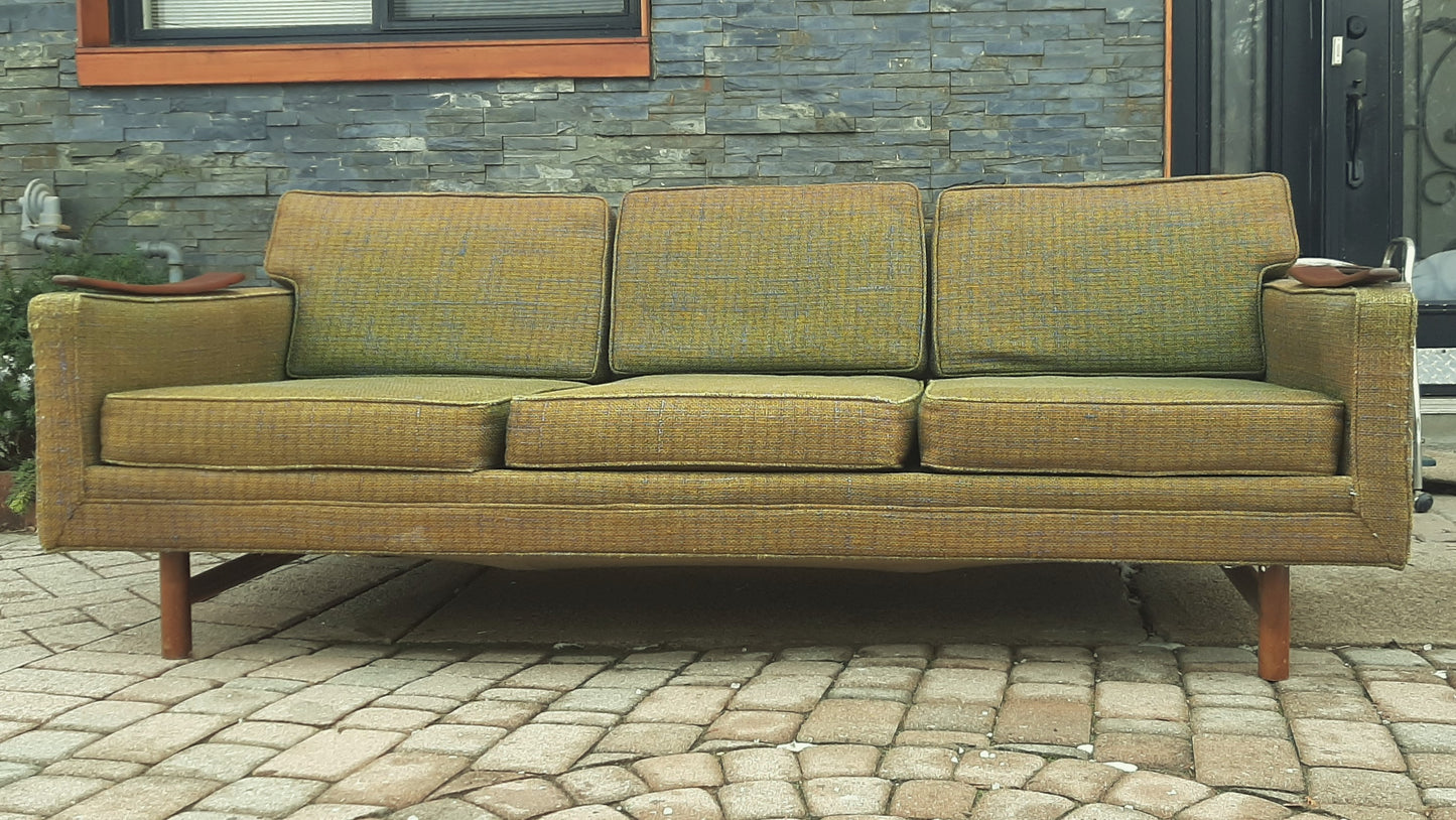 REFINISHED REUPHOLSTERED in Greige Performance Fabric High Quality MCM Sofa by SELIG - PERFECT