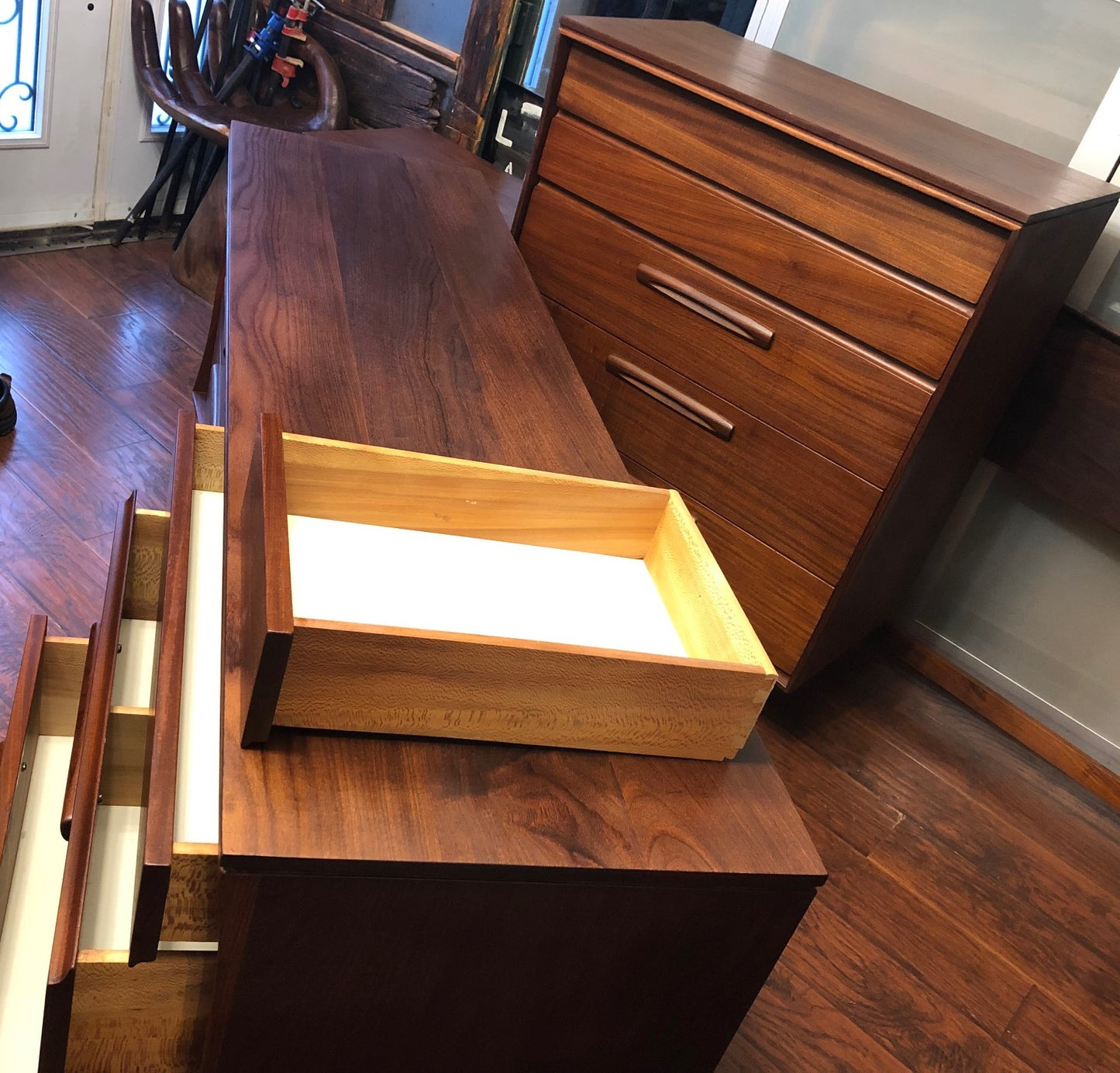 REFINISHED MCM SOLID Teak Dresser 9 drawers, Tallboy, Nightstands, Headboard and metal Queen bed frame by Imperial- PERFECT - - Mid Century Modern Toronto