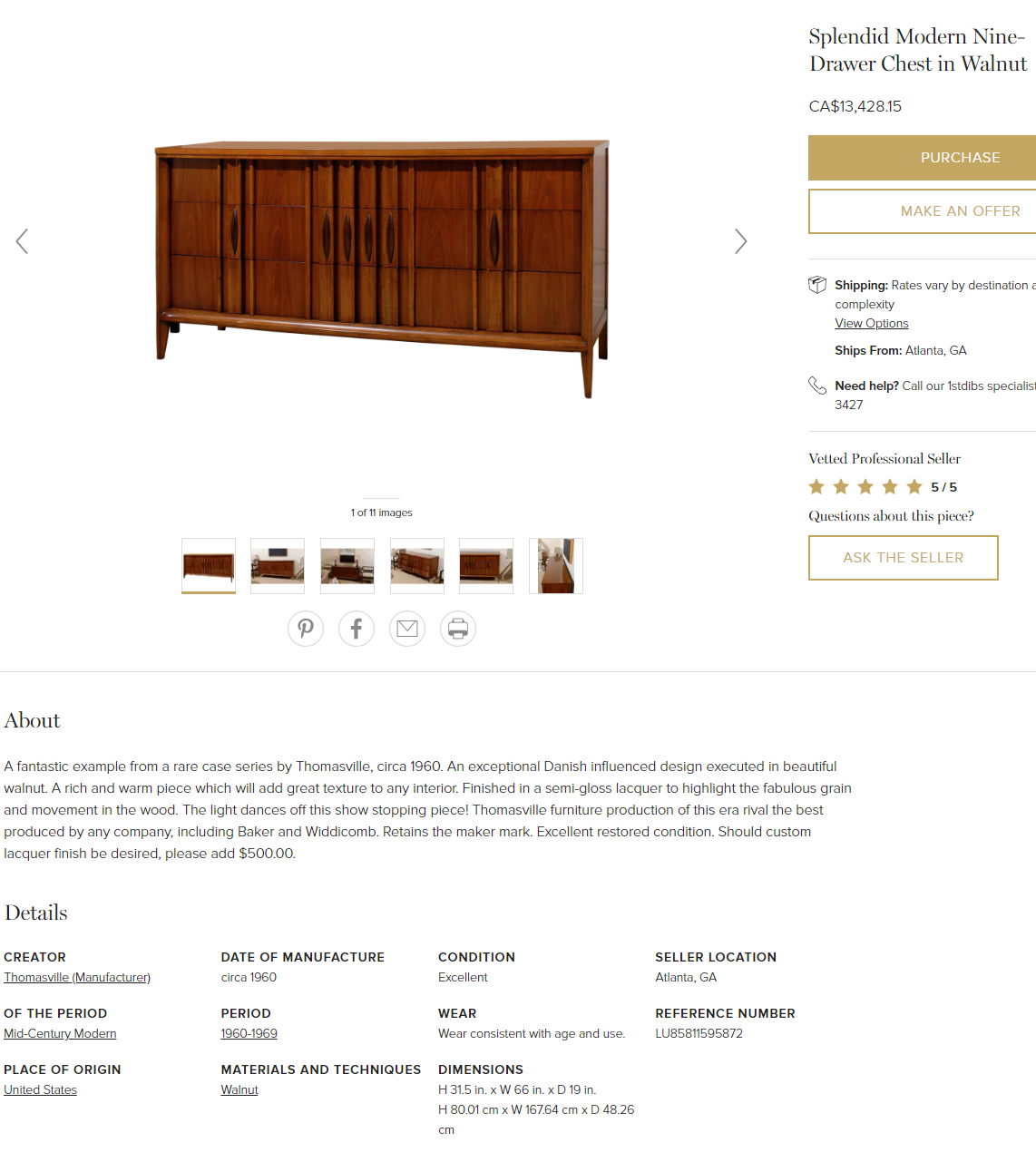 REFINISHED MCM Walnut & Rosewood Credenza by Thomasville 69", LOW profile, perfect - Mid Century Modern Toronto