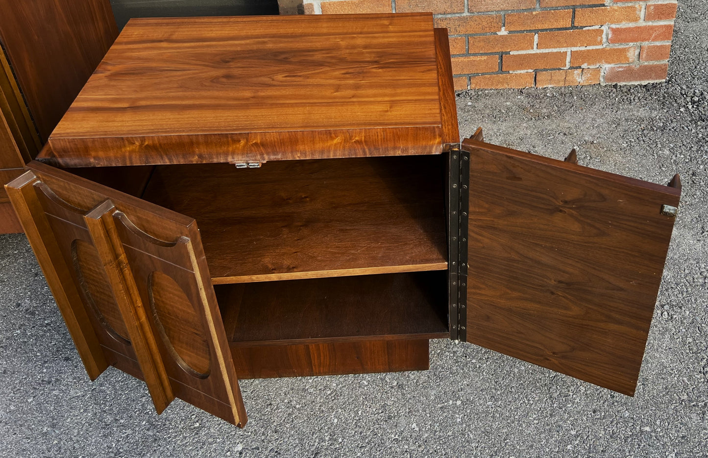 RESTORED Mid Century Modern Walnut Brutalist Headboard and 2 Nightstands or Side Tables