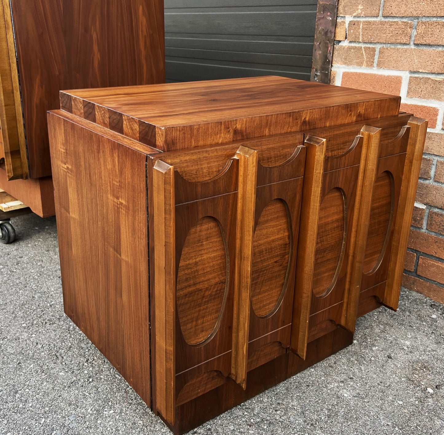 RESTORED Mid Century Modern Walnut Brutalist Headboard and 2 Nightstands or Side Tables