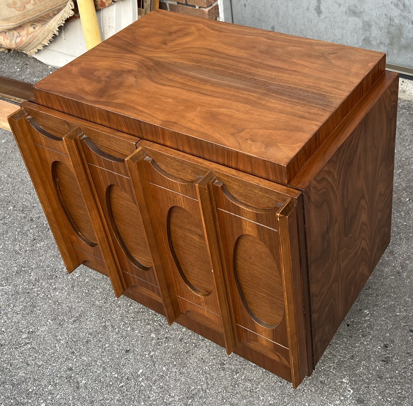 RESTORED Mid Century Modern Walnut Brutalist Headboard and 2 Nightstands or Side Tables