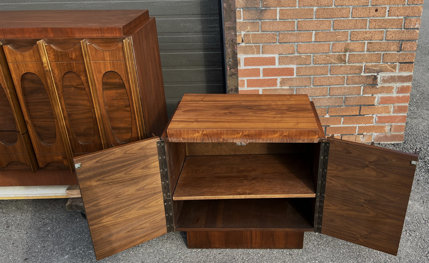 RESTORED Mid Century Modern Walnut Brutalist Headboard and 2 Nightstands or Side Tables