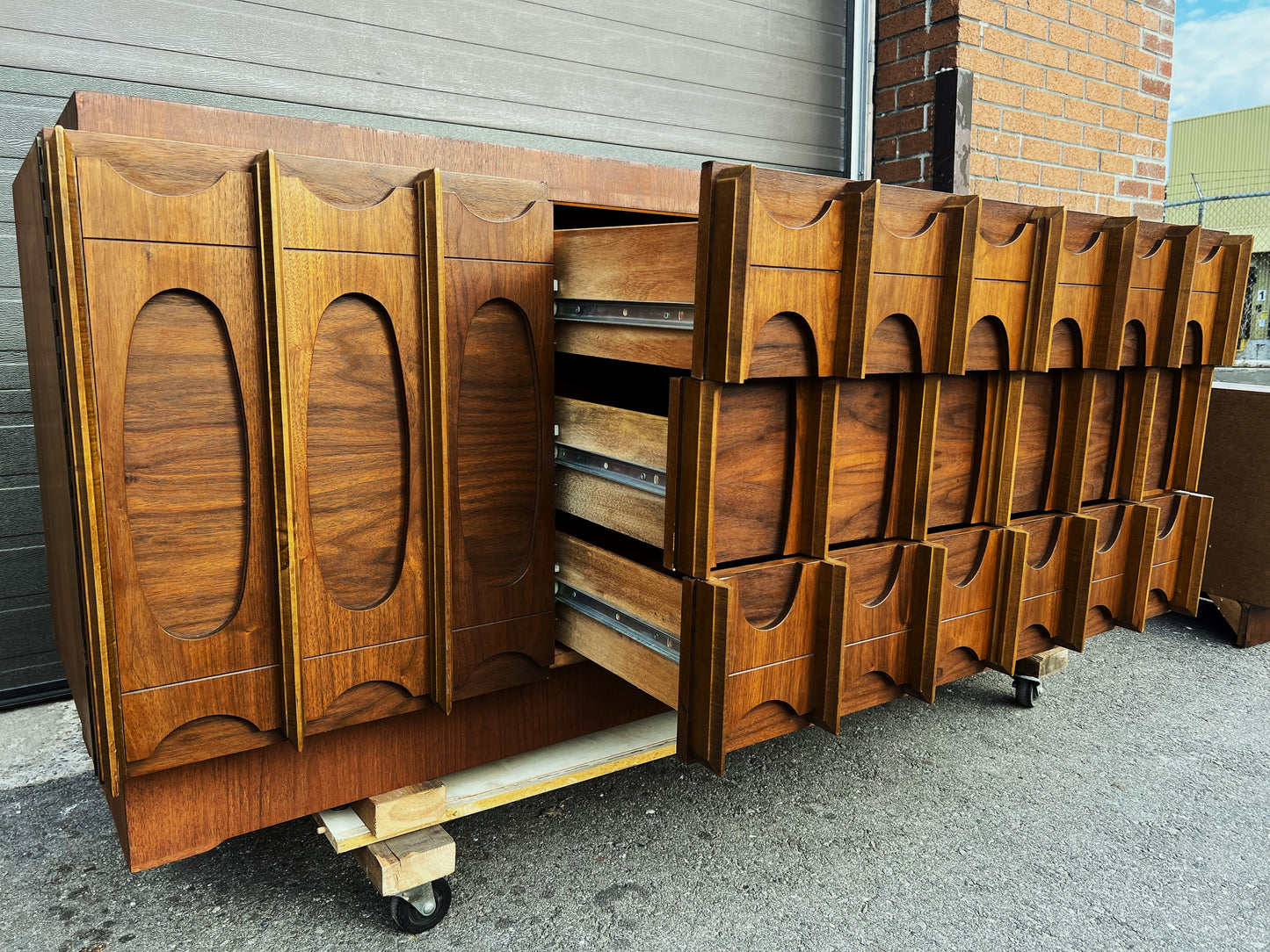 RESTORED Mid Century Modern Walnut Brutalist Credenza Dresser 80"