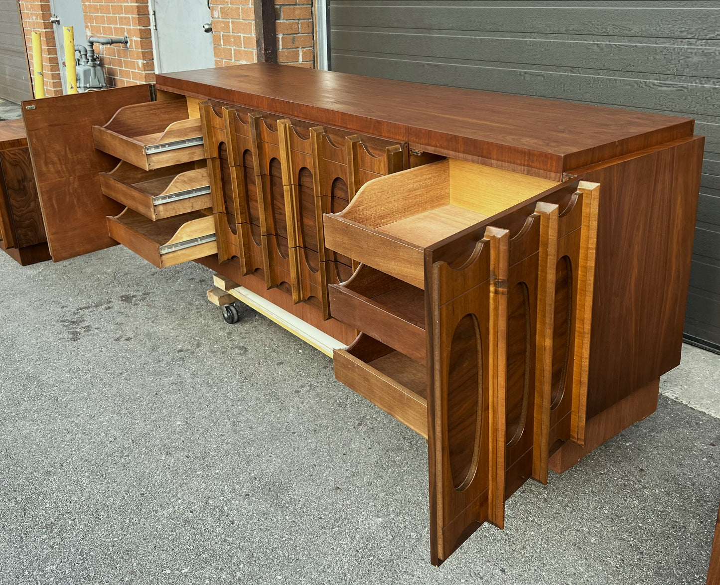 RESTORED Mid Century Modern Walnut Brutalist Credenza Dresser 80"