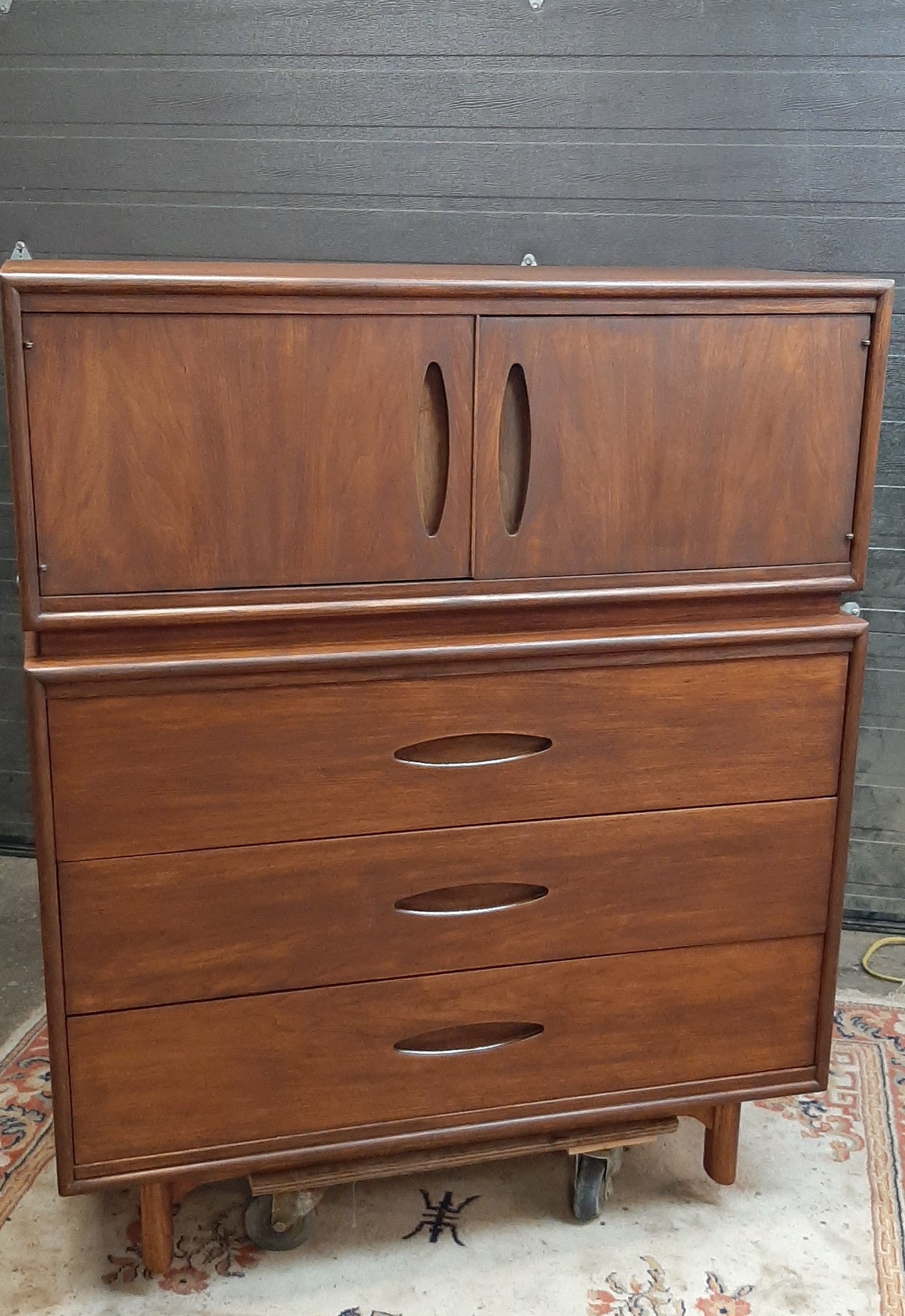 REFINISHED MCM Walnut Tall Dresser or Bureau with doors & drawers 42” - Mid Century Modern Toronto