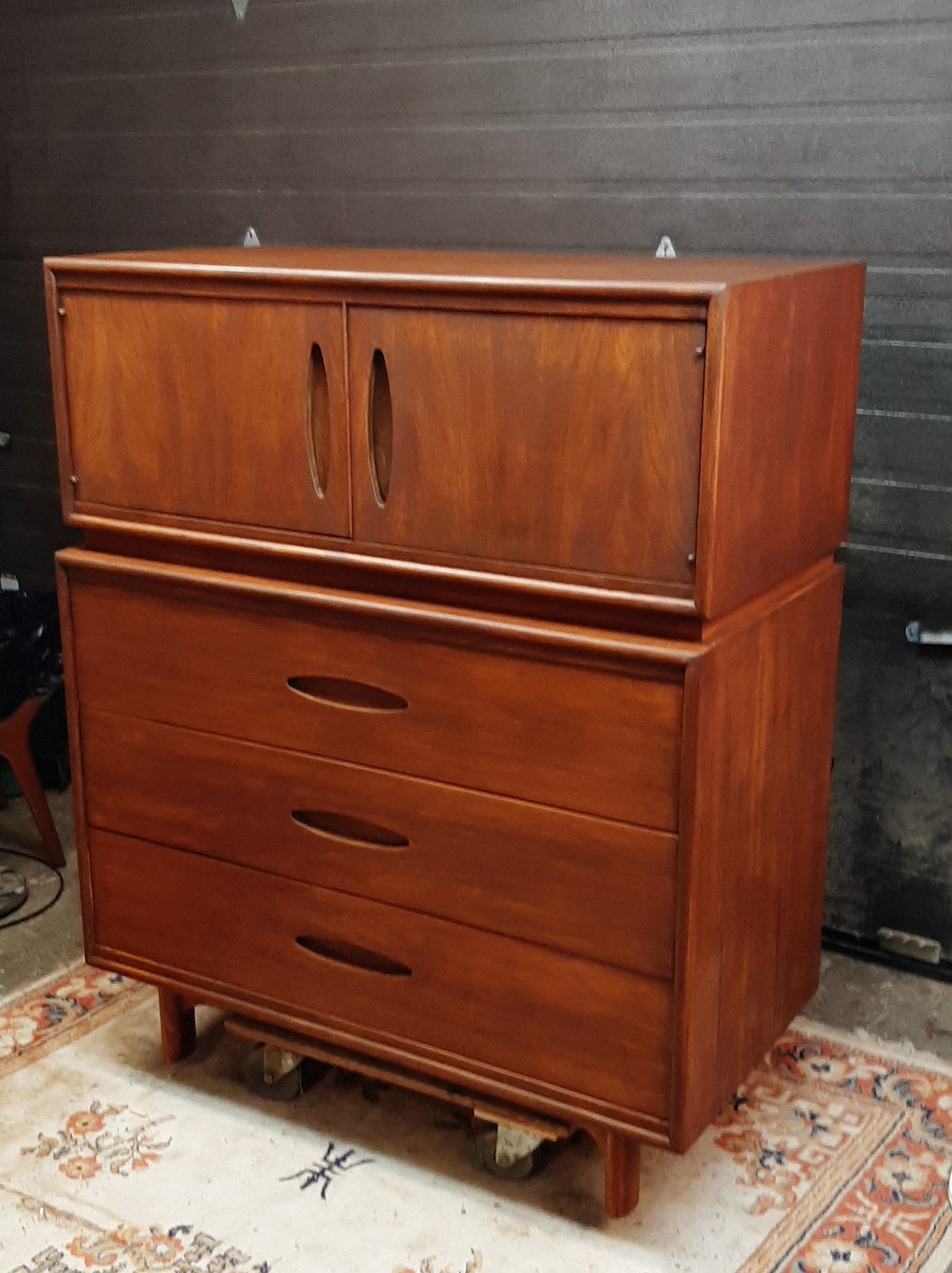 REFINISHED MCM Walnut Tall Dresser or Bureau with doors & drawers 42” - Mid Century Modern Toronto