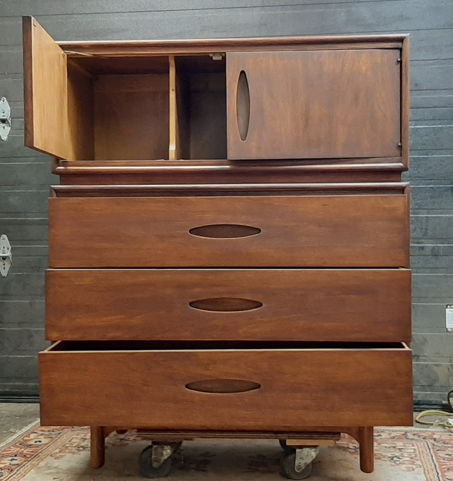 REFINISHED MCM Walnut Tall Dresser or Bureau with doors & drawers 42” - Mid Century Modern Toronto