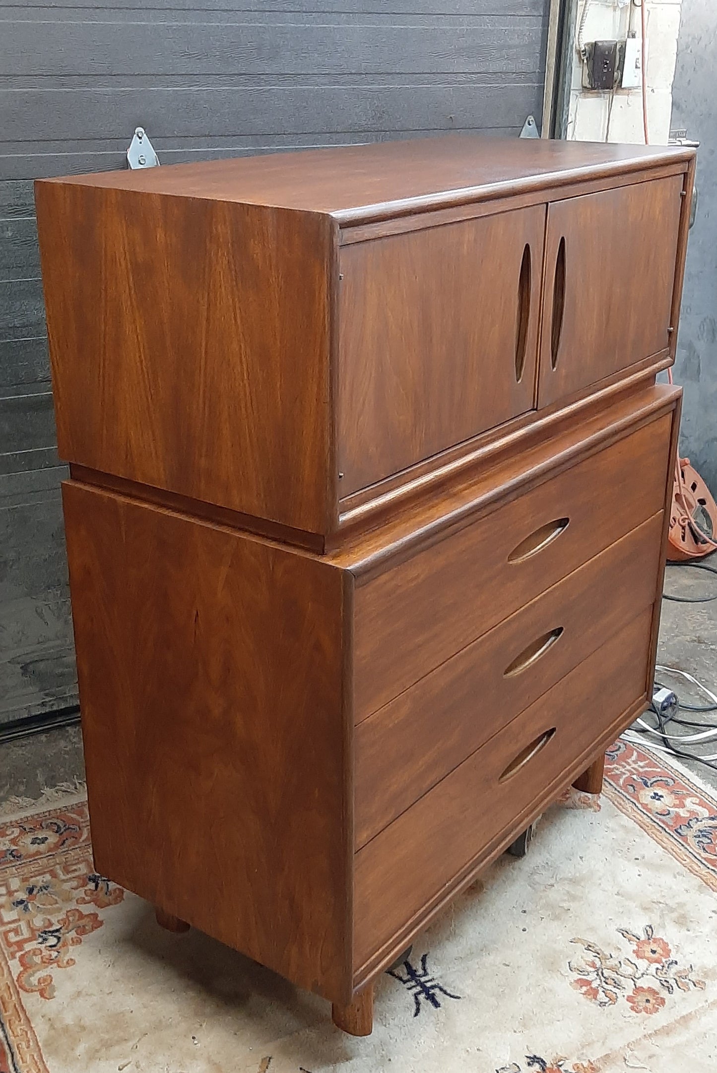 REFINISHED MCM Walnut Tall Dresser or Bureau with doors & drawers 42” - Mid Century Modern Toronto