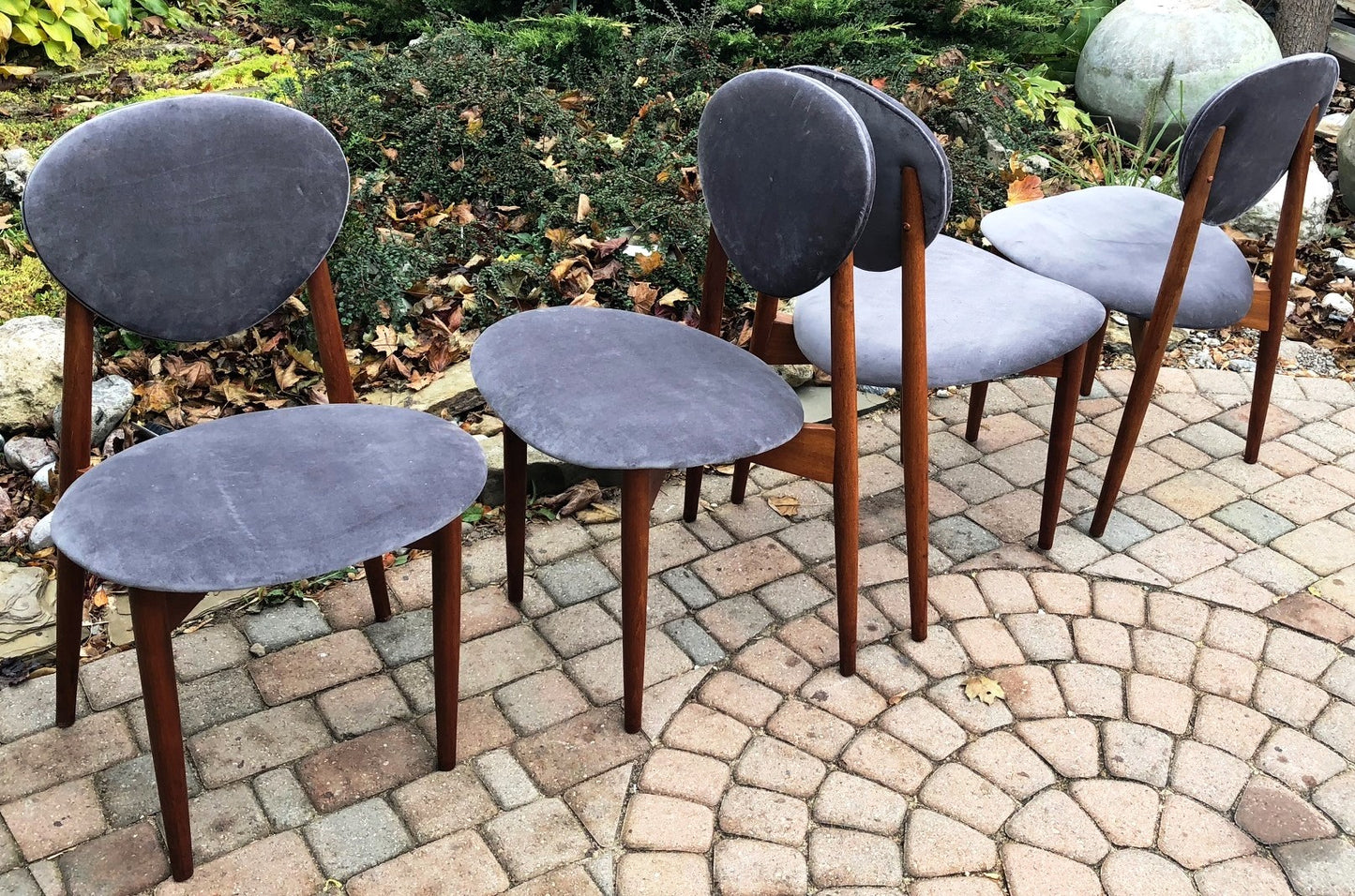 4 REUPHOLSTERED MCM Teak Chairs, grey velvet, each $ 185 only - Mid Century Modern Toronto