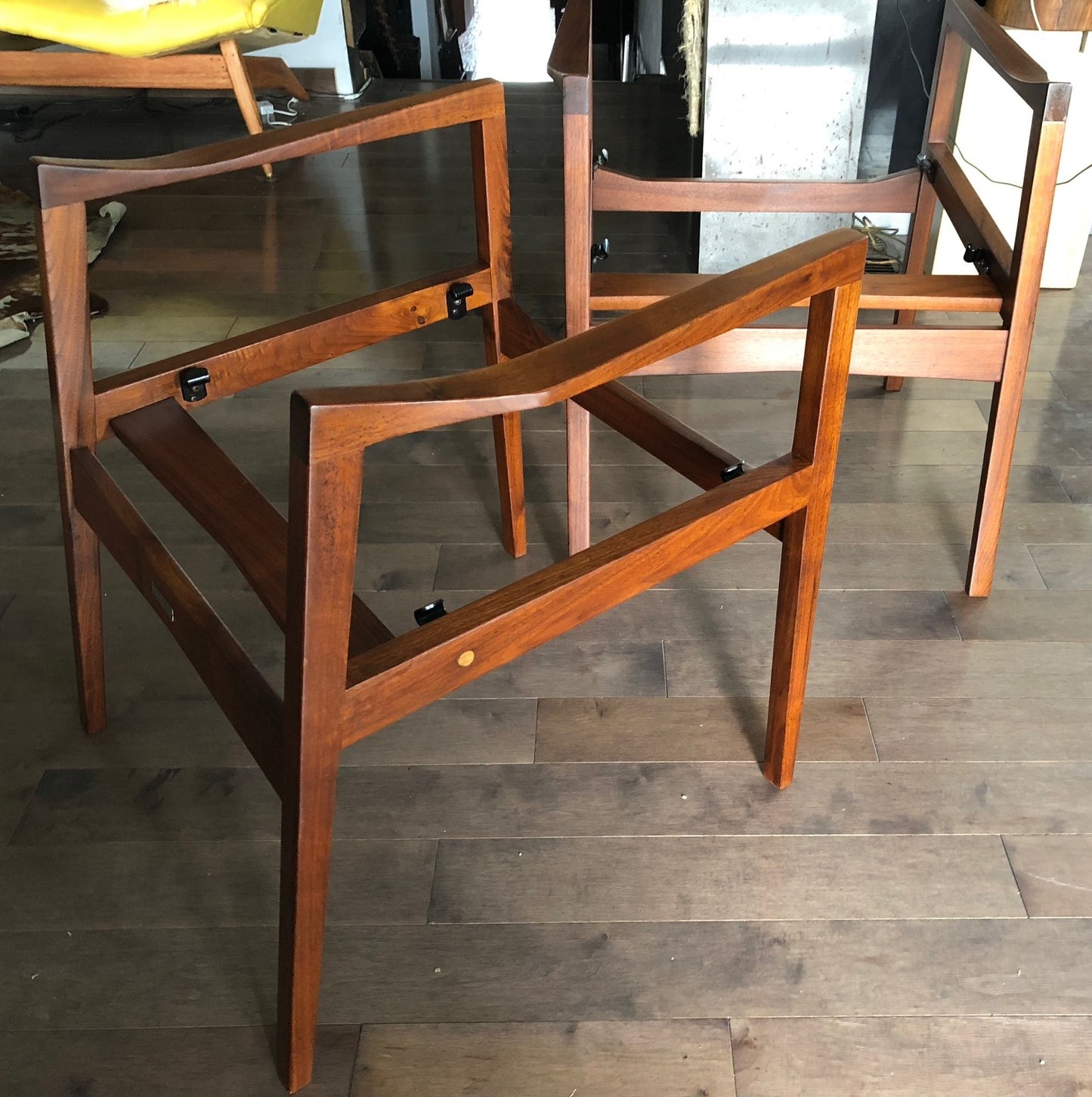 A Pair of REFINISHED REUPHOLSTERED MCM Walnut Armchairs by Walter Nugent, each $499 - Mid Century Modern Toronto