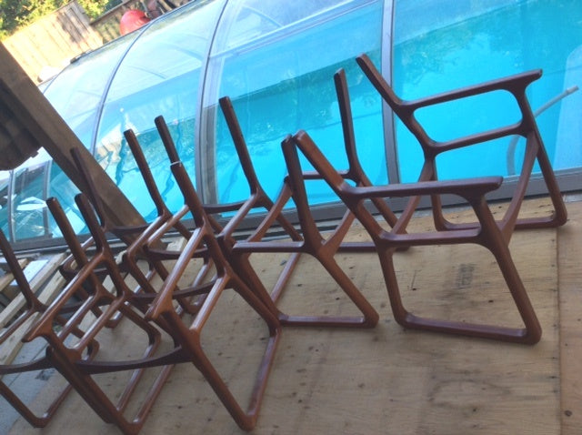 6 MCM Teak Chairs (2 arm, 4 side) Sleigh Base, REUPHOLSTERED, grey $199 each on Super Sale - Mid Century Modern Toronto