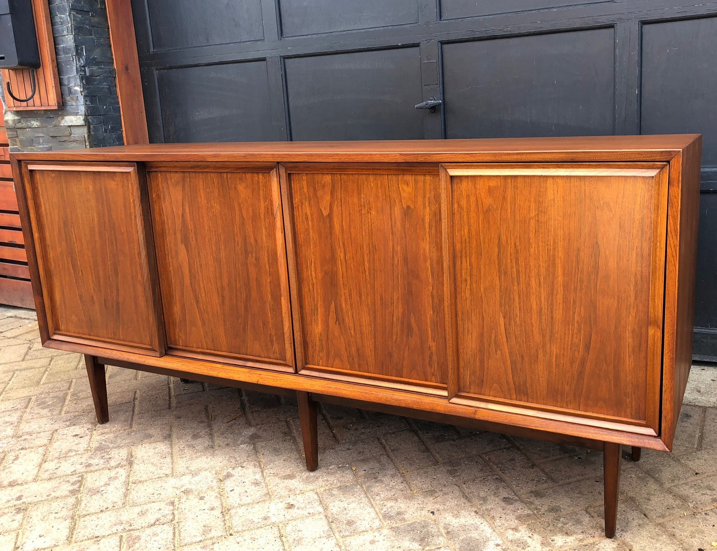 REFINISHED MCM Walnut Credenza w sliding doors 68" - Mid Century Modern Toronto