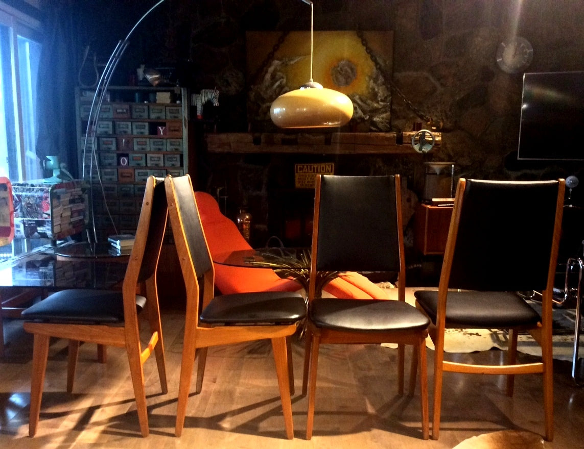 4 Danish MCM Teak Chairs REUPHOLSTERED with floating seats $125 each - Mid Century Modern Toronto