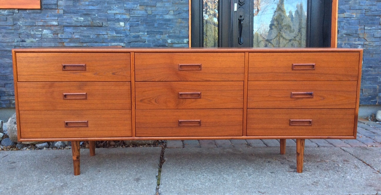 REFINISHED Mid Century Modern Teak Dresser 9 Drawers - Mid Century Modern Toronto