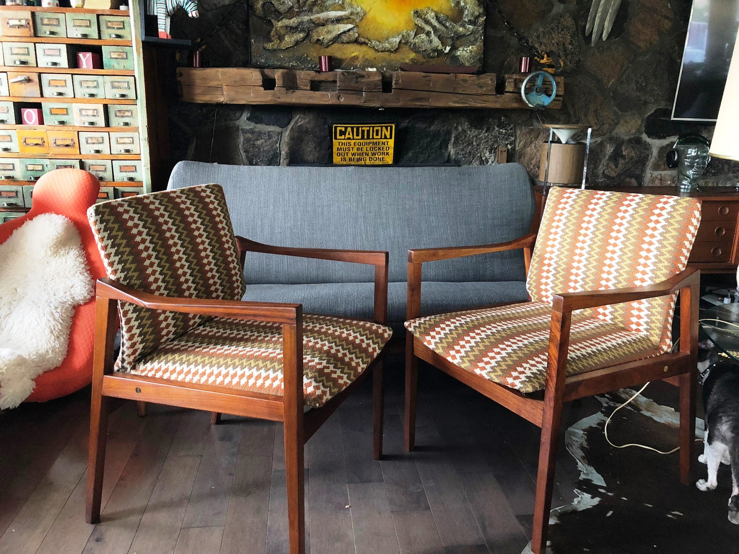A Pair of REFINISHED REUPHOLSTERED MCM Walnut Armchairs by Walter Nugent, each $499 - Mid Century Modern Toronto