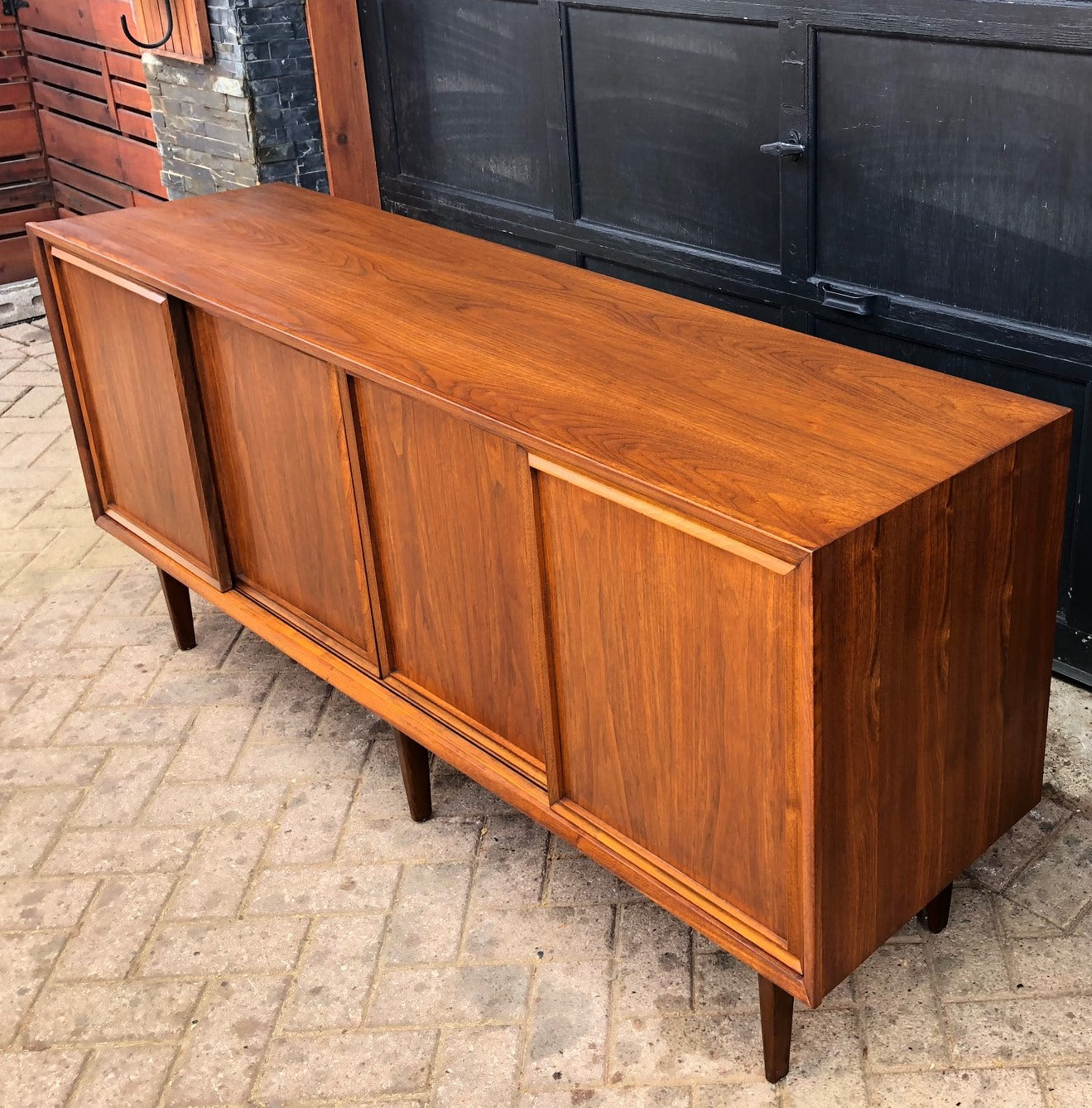 REFINISHED MCM Walnut Credenza w sliding doors 68" - Mid Century Modern Toronto