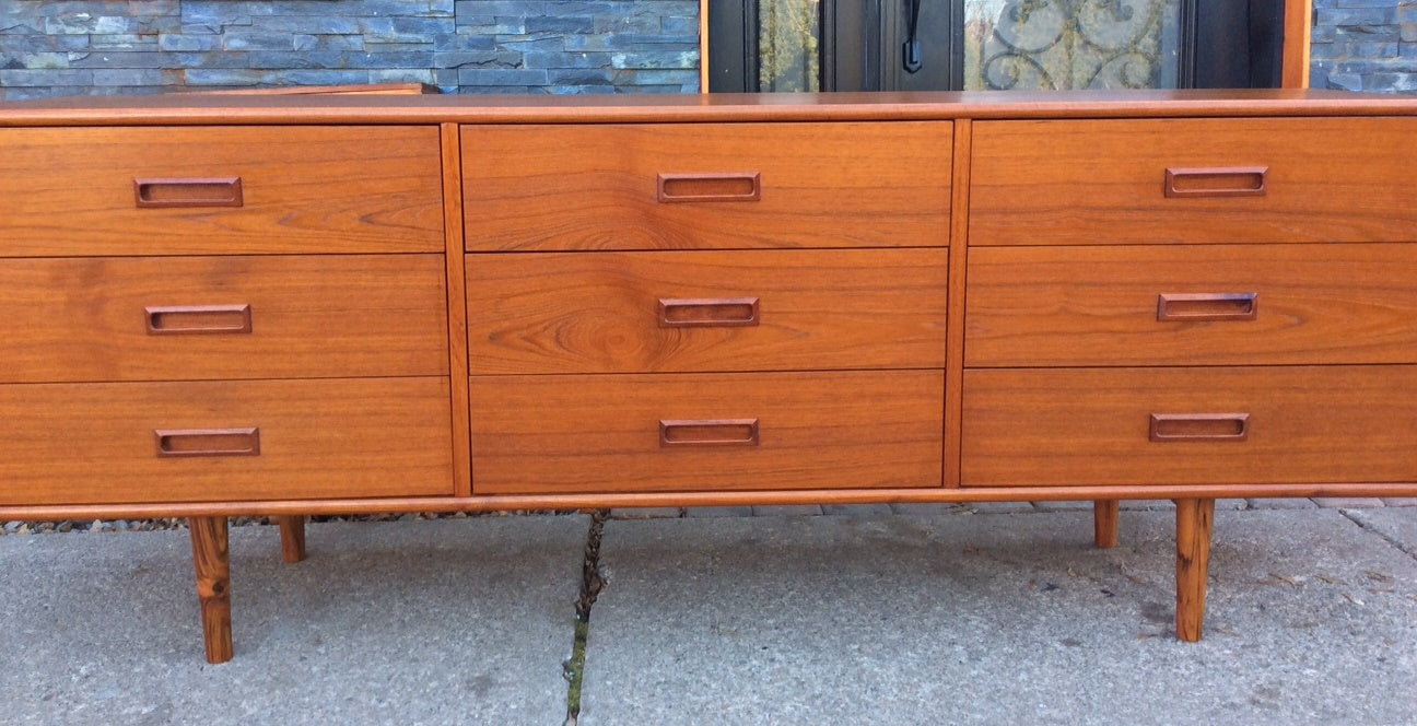 REFINISHED Mid Century Modern Teak Dresser 9 Drawers - Mid Century Modern Toronto