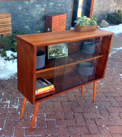 REFINISHED MCM Walnut Display Bookcase China Cabinet with glass doors 40" - Mid Century Modern Toronto