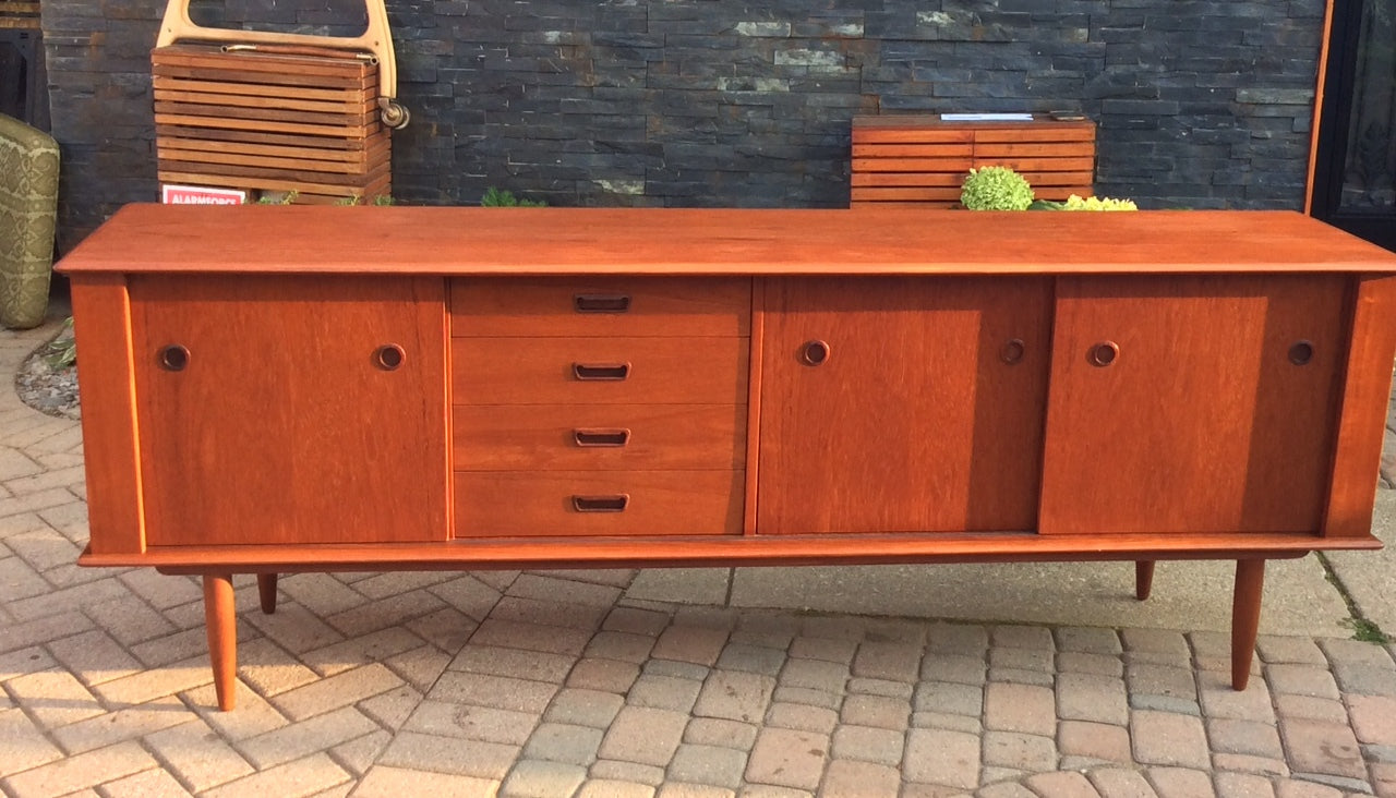 REFINISHED Danish Mid Century Modern Teak Sideboard Buffet TV Media Record Console 7 ft - Mid Century Modern Toronto