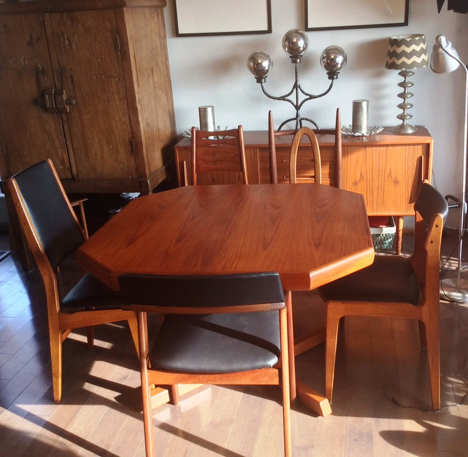 REFINISHED Mid Century Modern Teak Dining Table Octagonal with 3 Leaves - Mid Century Modern Toronto