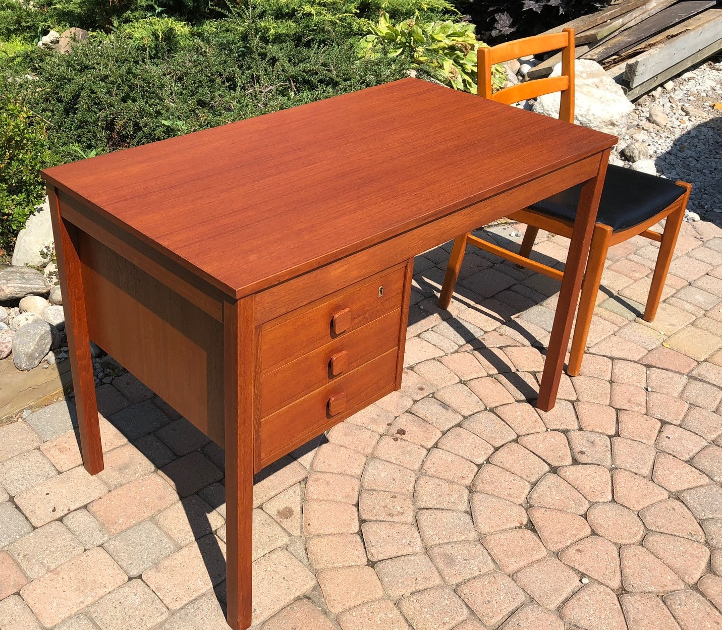 REFINISHED Danish MCM Teak Desk Freestanding & FREE Chair - Mid Century Modern Toronto