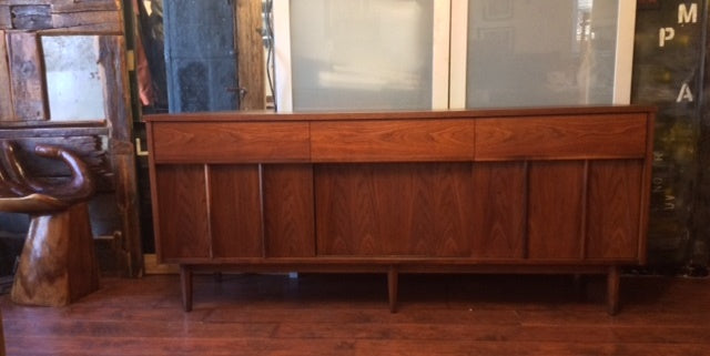 REFINISHED MCM Walnut Sideboard w Sliding Doors 74" - Mid Century Modern Toronto