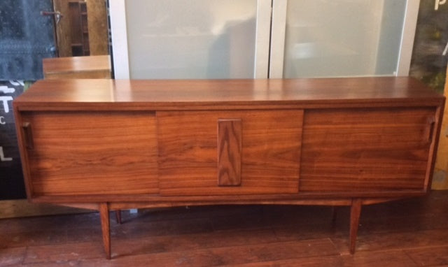 Mid Century Modern Walnut Credenza w Sliding Doors REFINISHED 70” - Mid Century Modern Toronto