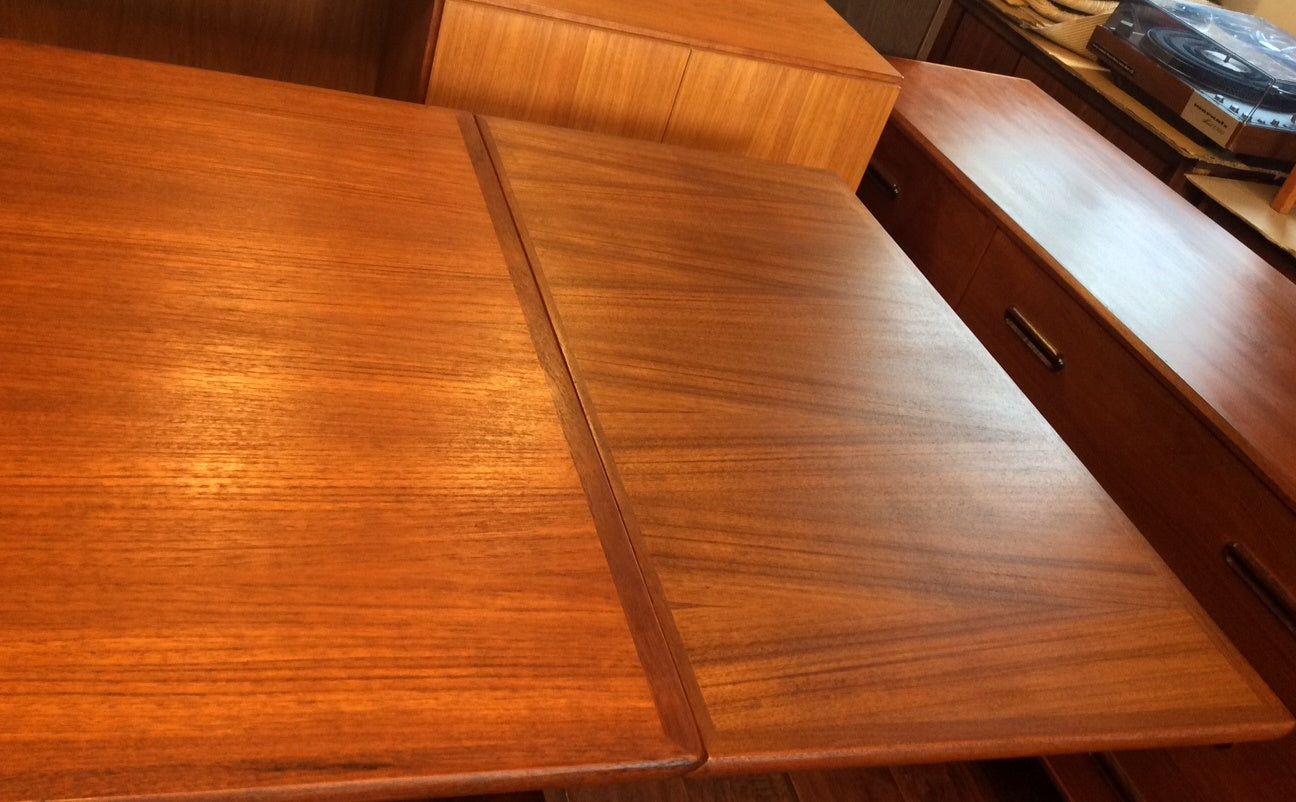 REFINISHED Danish Mid Century Modern Teak Floating Draw Leaf Dining Table - Mid Century Modern Toronto