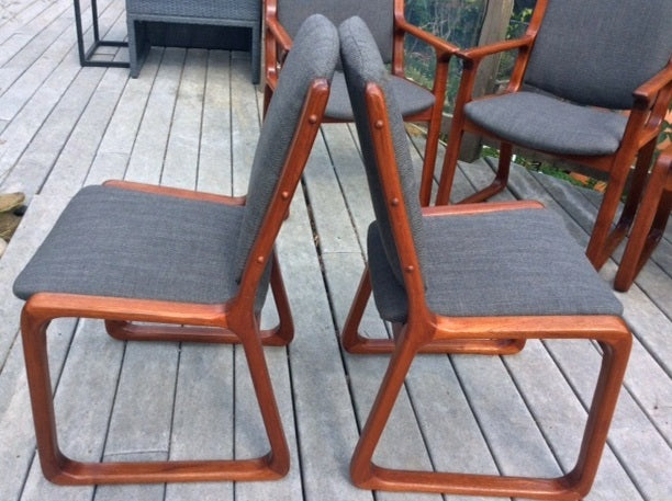 6 MCM Teak Chairs (2 arm, 4 side) Sleigh Base, REUPHOLSTERED, grey $199 each on Super Sale - Mid Century Modern Toronto