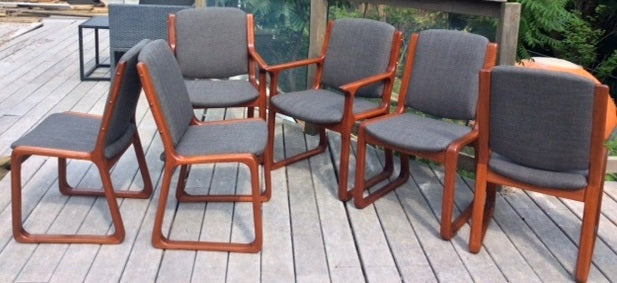 6 MCM Teak Chairs (2 arm, 4 side) Sleigh Base, REUPHOLSTERED, grey $199 each on Super Sale - Mid Century Modern Toronto