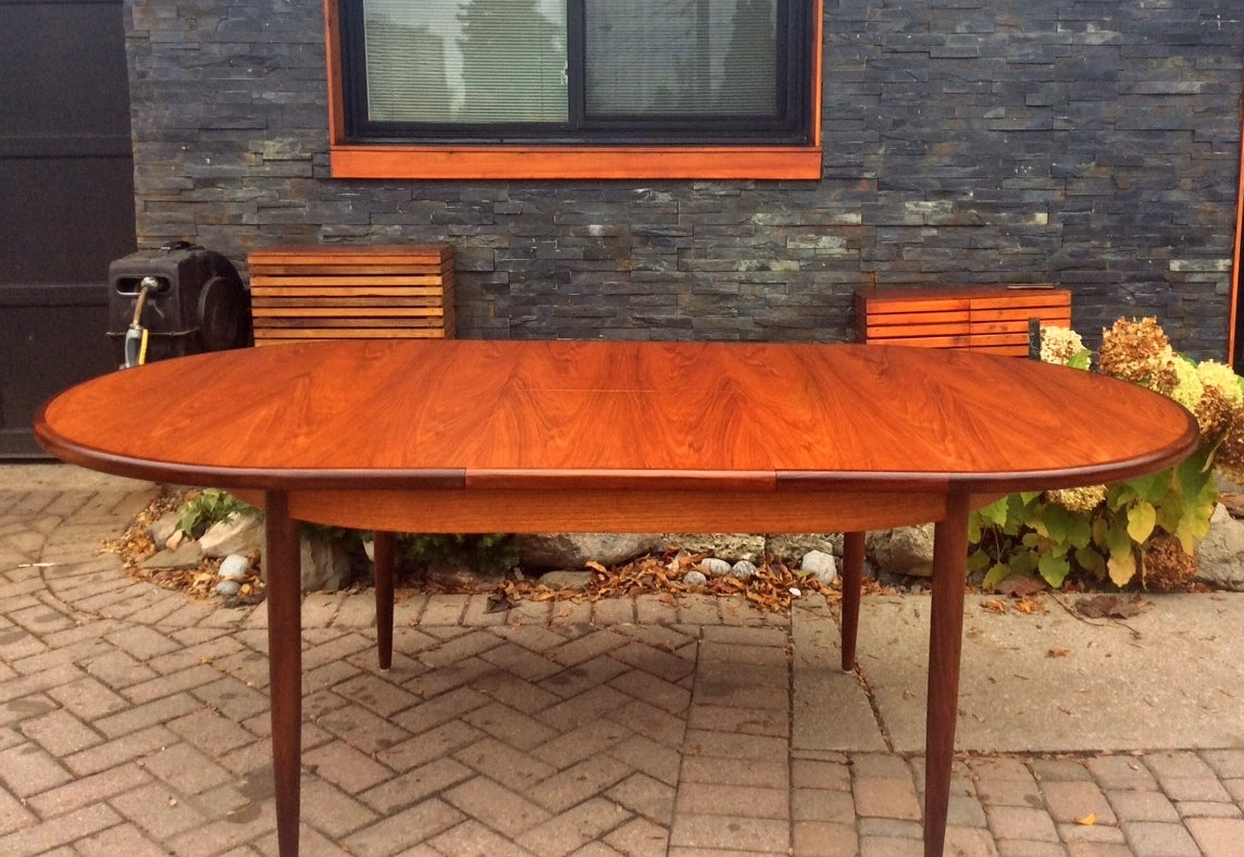 REFINISHED Mid Century Modern Oval Teak Dining Table Extendable Self Storing with butterfly leaf by GPlan - Mid Century Modern Toronto